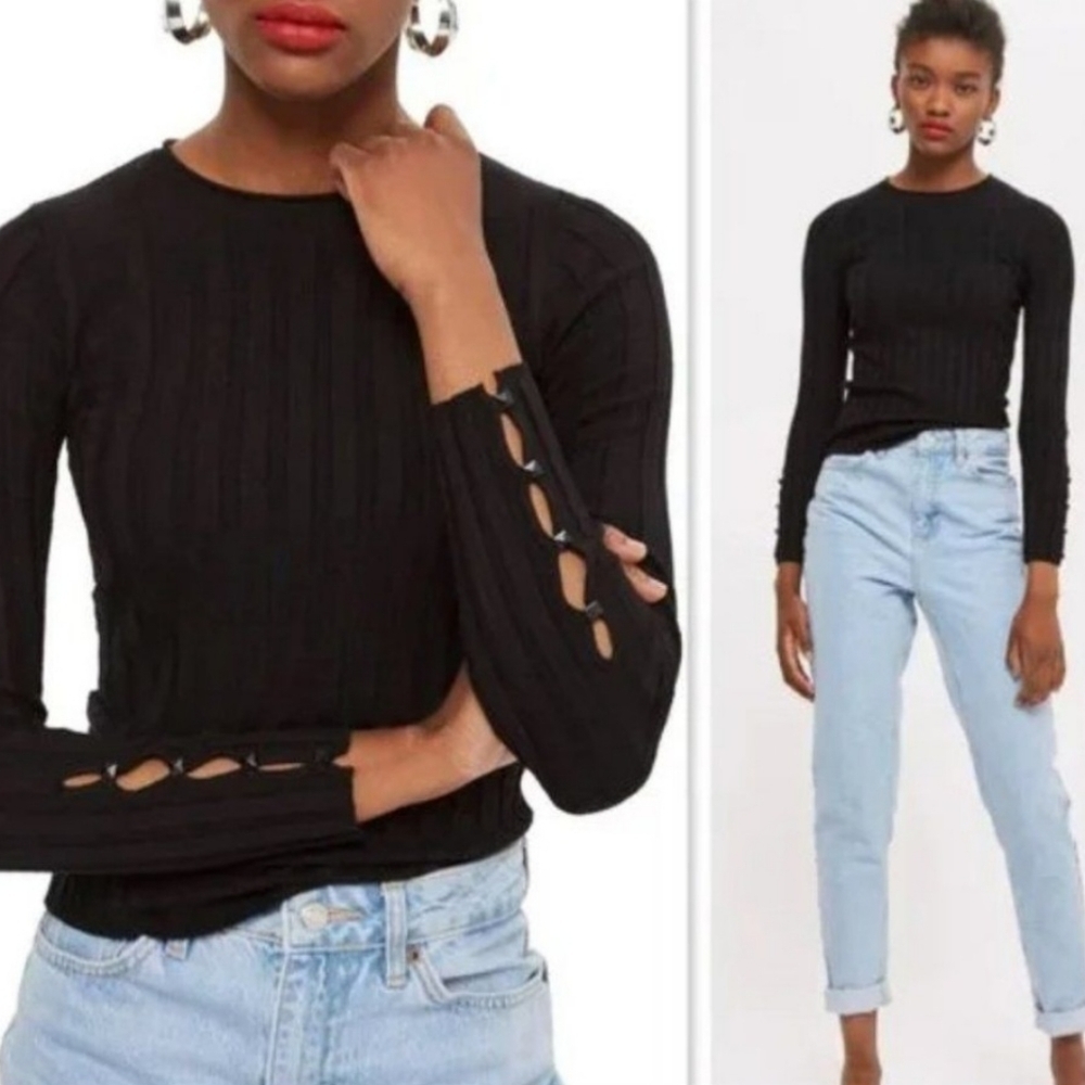 TOPSHOP Button Sleeve Ribbed Sweater Black Stretchy Size 12